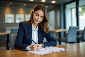 Jeune femme en banque remplissant des formulaires