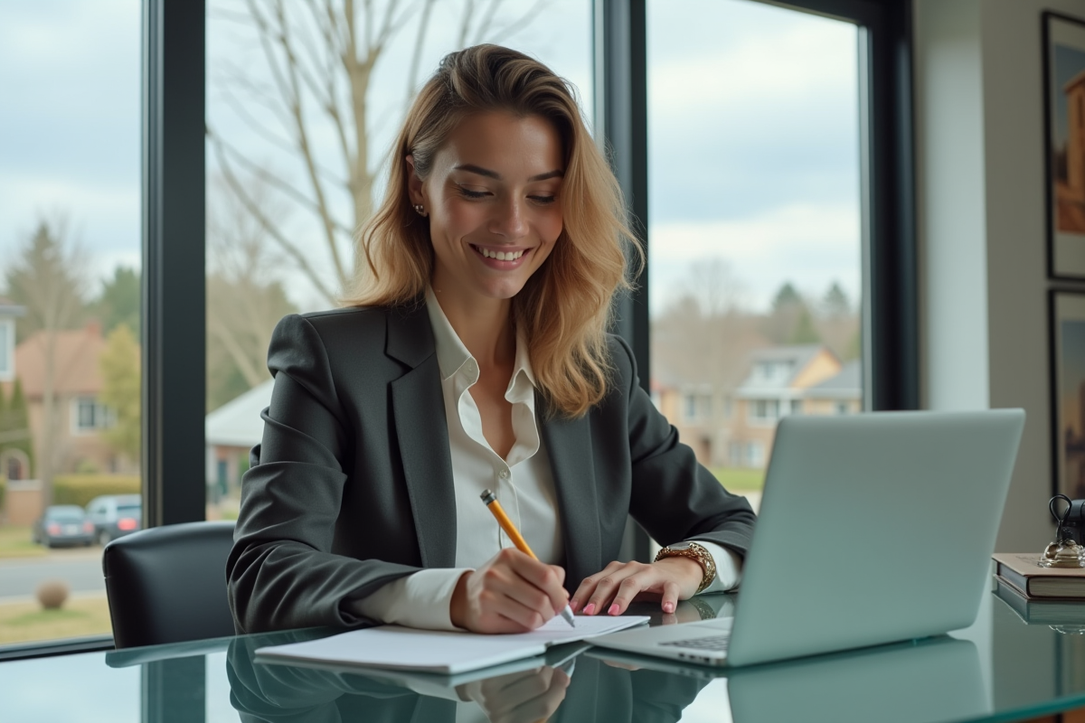Jeune femme travaillant sur un ordinateur dans un bureau immobilier
