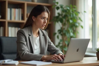 Femme au bureau à domicile travaillant sur son ordinateur portable