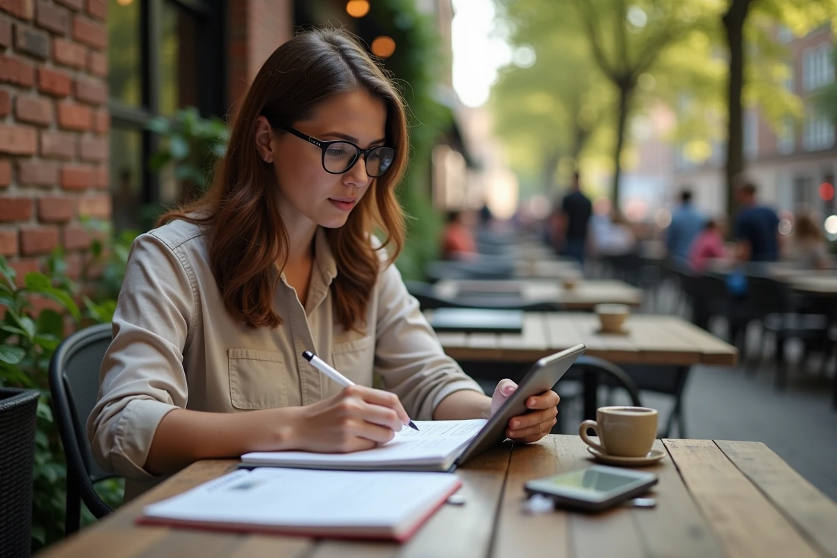 Femme lisant un guide Dofus dans un café en extérieur