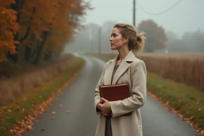 Femme contemplative à un carrefour de chemin de campagne en automne, symbolisant transformation et nouvelle direction de vie