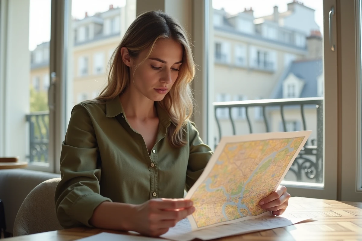 Femme examinant une carte imprimée de Paris en format A4 dans un appartement parisien style haussmannien