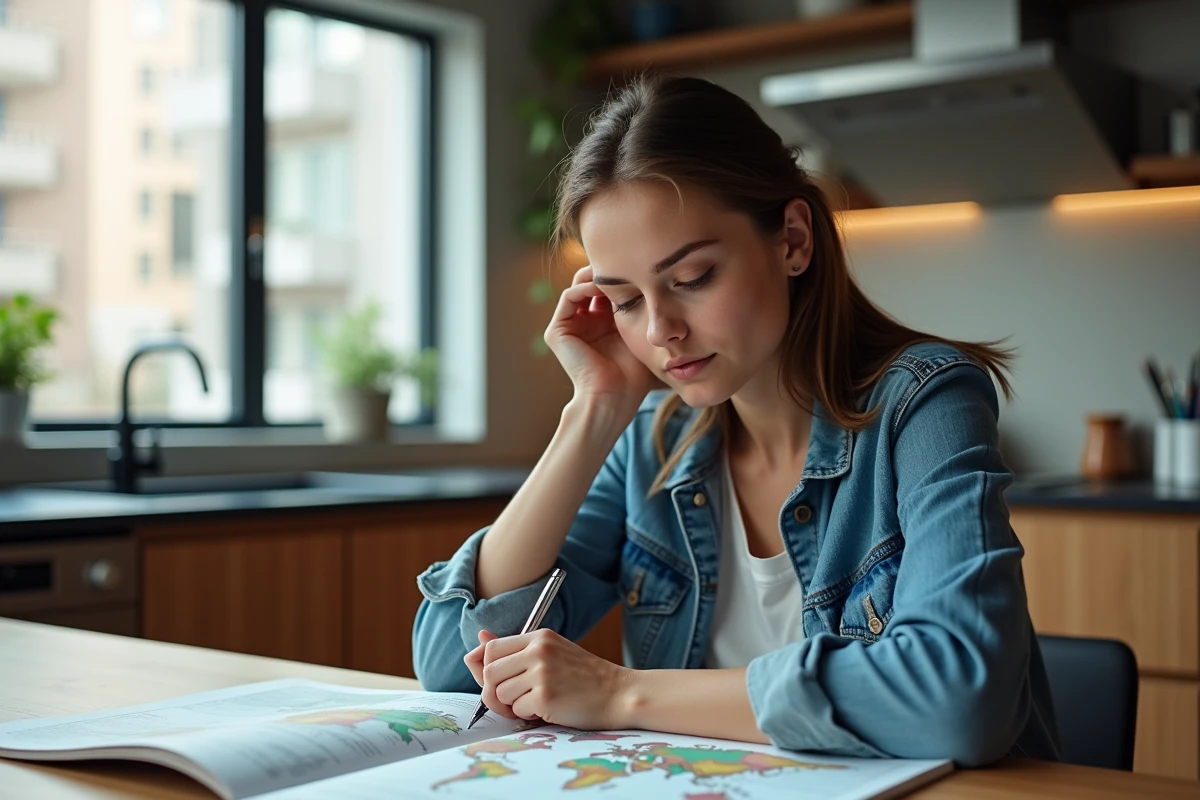 Jeune femme étudie une carte dans une cuisine moderne