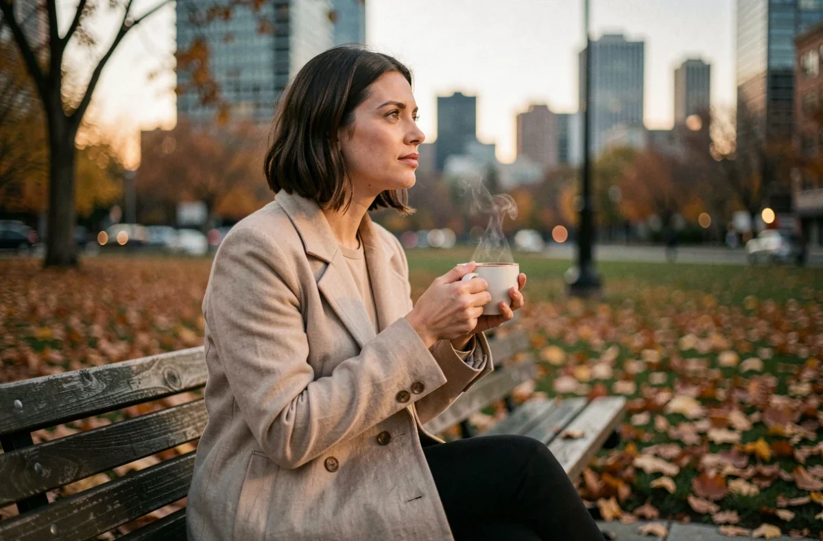 Femme célibataire contemplative assise seule dans un parc en automne, symbole de l'introspection et de la loi de l'attraction
