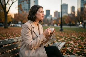 Femme célibataire contemplative assise seule dans un parc en automne, symbole de l'introspection et de la loi de l'attraction