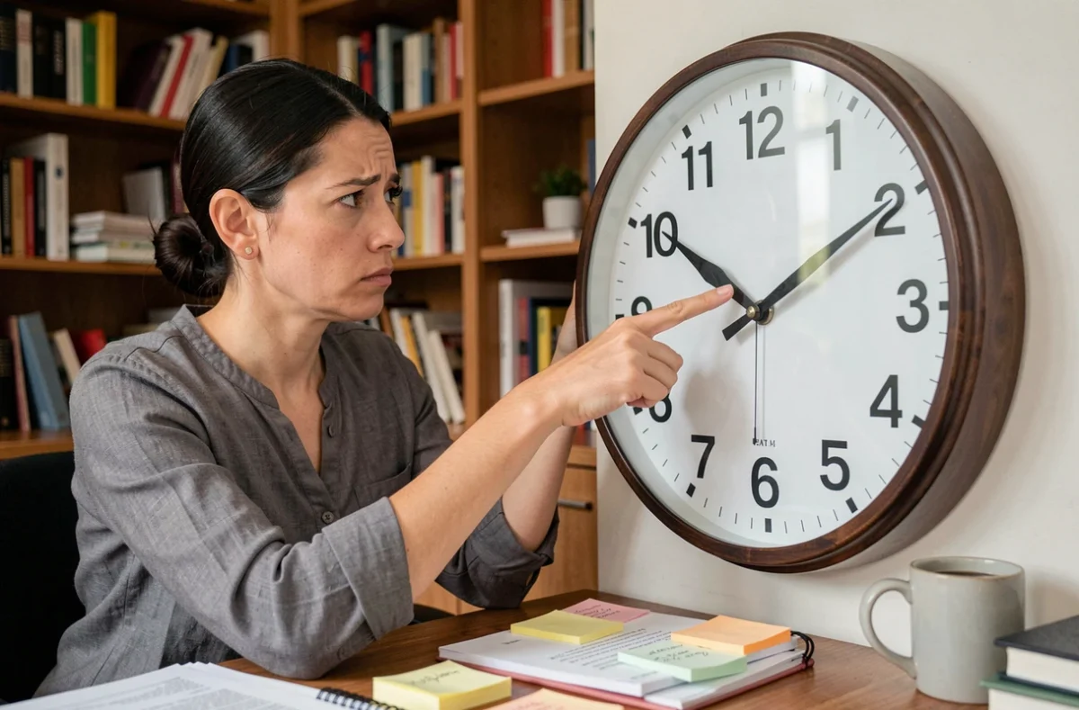 Femme perplexe pointant une horloge analogique affichant 12h05 dans un bureau à domicile, illustrant la confusion entre AM et PM
