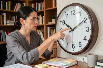 Femme perplexe pointant une horloge analogique affichant 12h05 dans un bureau à domicile, illustrant la confusion entre AM et PM