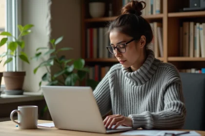 Femme consultant des avis en ligne sur un ordinateur portable dans un bureau à domicile pour choisir un voyant de qualité recommandé