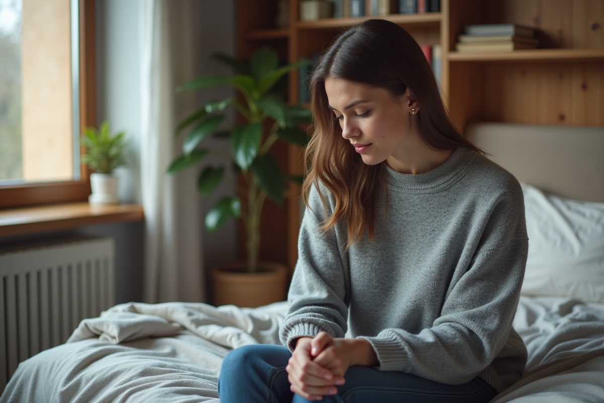 Femme pensante dans une chambre moderne et chaleureuse