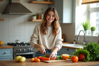 Jeune femme souriante coupe des légumes frais en cuisine