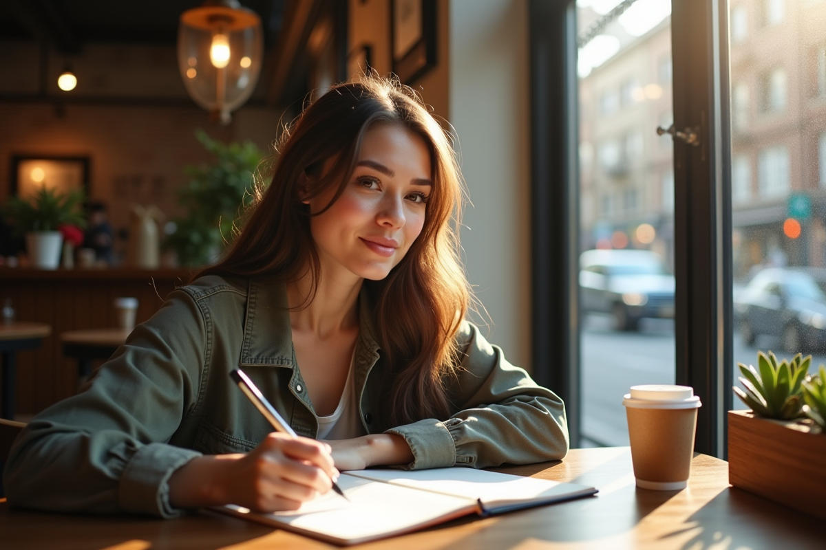 Femme dessinant dans un café en matinée avec soleil et tasse de café