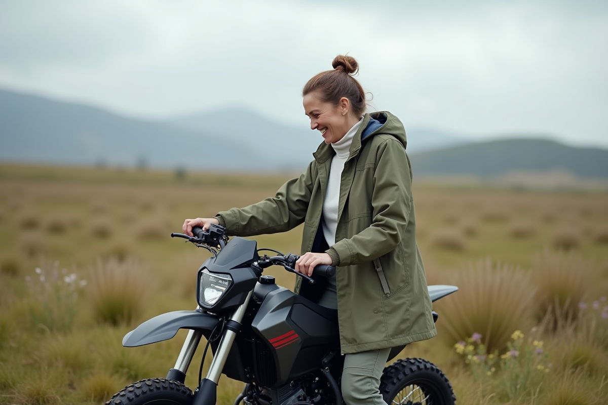 Femme vérifiant son dirtbike électrique dans un champ