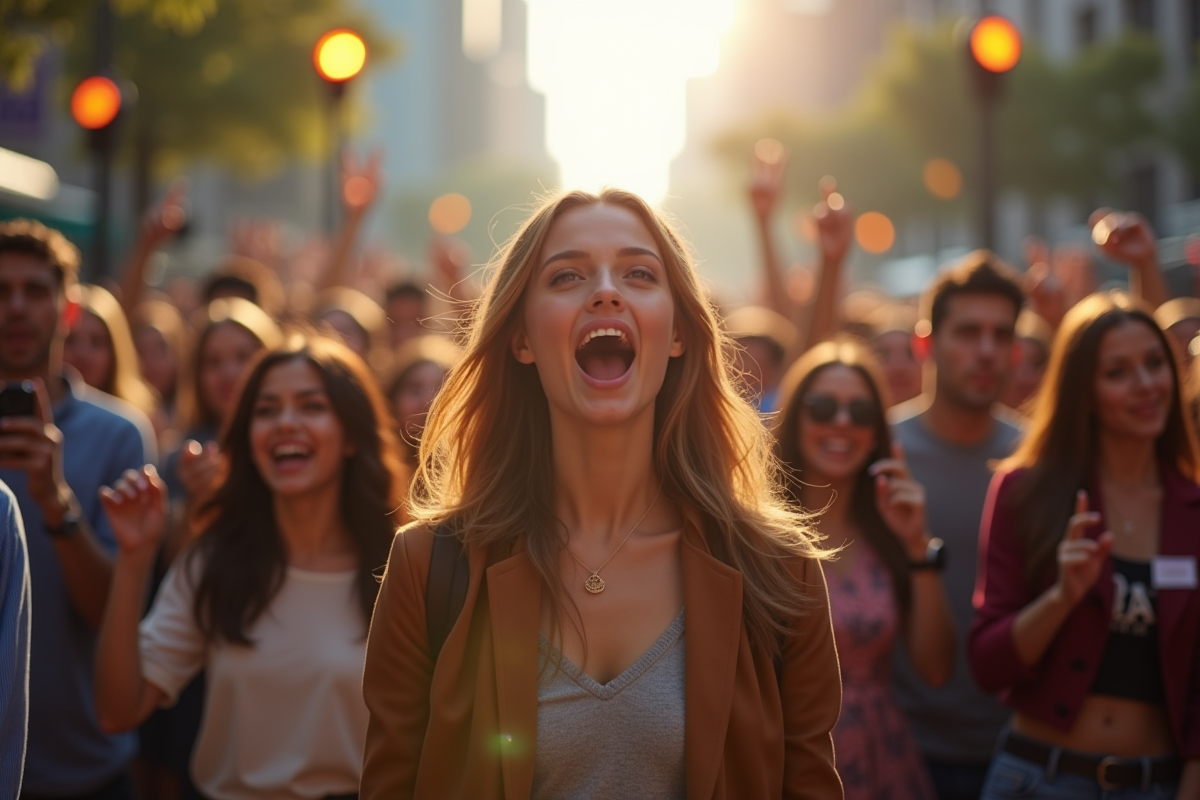 Jeune femme entourée de fans et de caméras en ville
