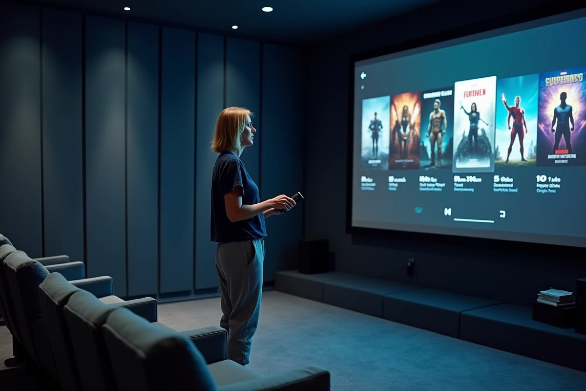 Femme choisissant l'ordre de visionnage des films Batman sur un écran de home cinéma