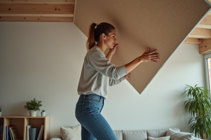 Femme posant un panneau thermique au plafond du salon