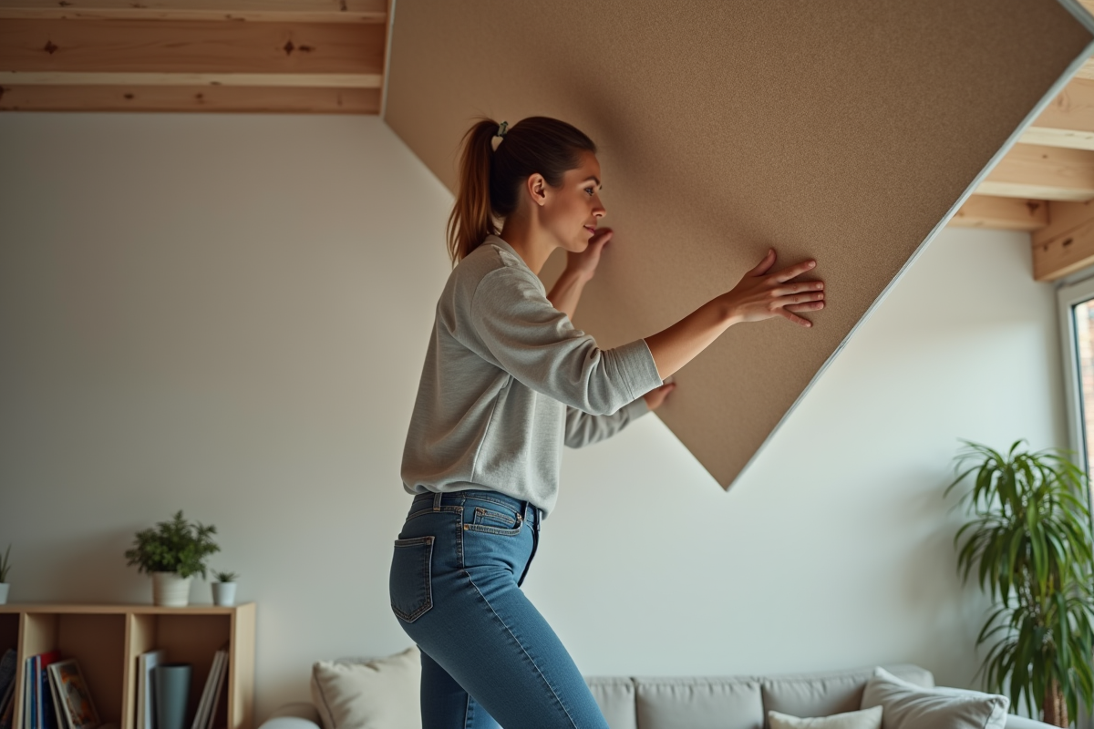 Femme posant un panneau thermique au plafond du salon