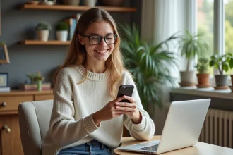 Jeune femme souriante découvre des récompenses de jeux en ligne