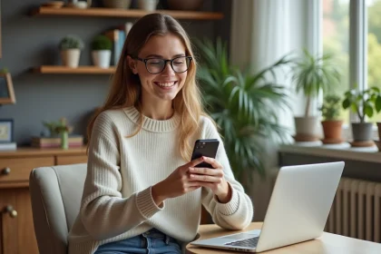 Jeune femme souriante découvre des récompenses de jeux en ligne