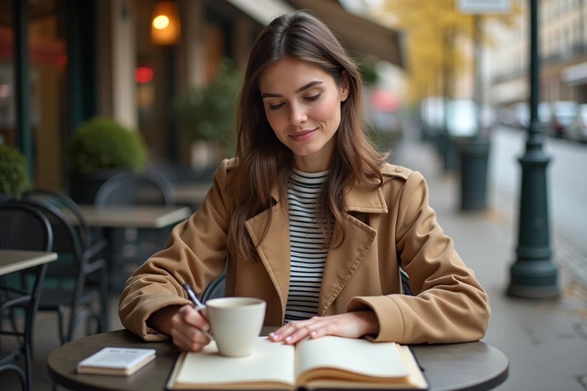 Jeune femme écrivant dans un journal intime en terrasse de café pour tourner la page après une rupture