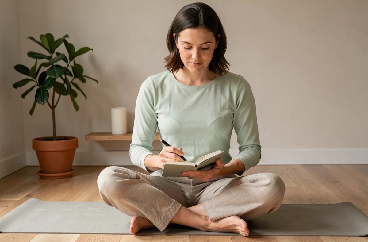 Femme pratiquant la pleine conscience avec un journal intime, illustrant la loi de l'attraction et les signes de l'univers pour les célibataires