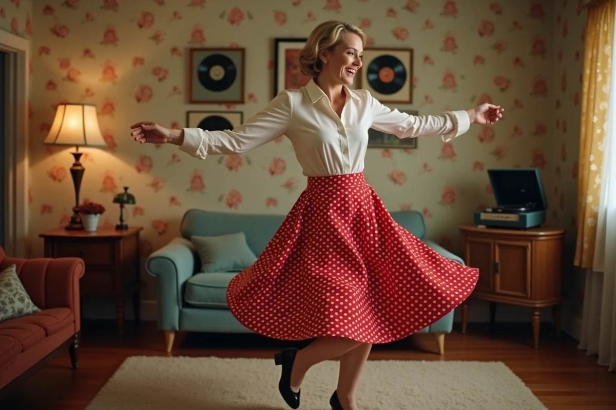 Femme souriante en jupe à pois rouges dansant le madison seule dans un salon décoré en style vintage années 60 avec tourne-disque rétro