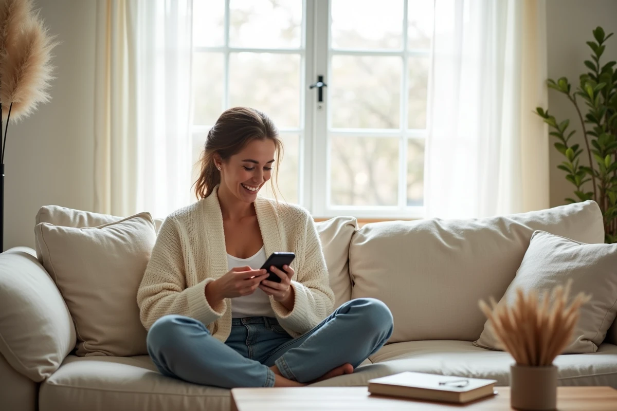 Femme riant en envoyant un message affectueux à son partenaire à distance depuis son salon, concept de surnom et lien amoureux