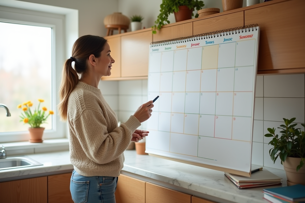 Femme organise son emploi du temps dans la cuisine lumineuse