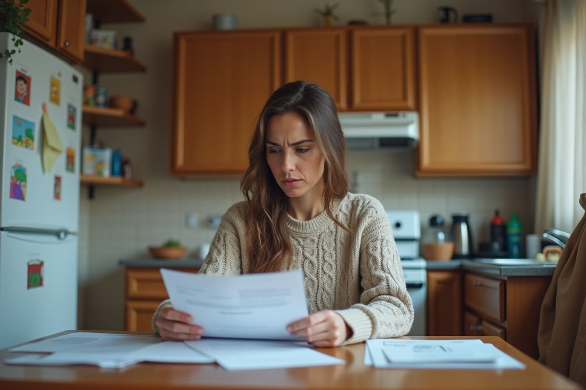 Femme d'une trentaine assise à la maison en train de vérifier ses factures