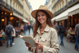 Femme souriante avec carte devant un café parisien