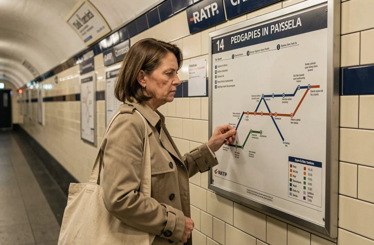Femme consultant le plan de la ligne 14 prolongée dans une station de métro parisienne