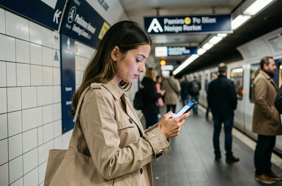 Femme consultant le plan interactif de la ligne 4 du métro sur son smartphone dans une station parisienne