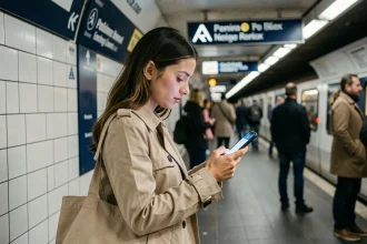 Femme consultant le plan interactif de la ligne 4 du métro sur son smartphone dans une station parisienne
