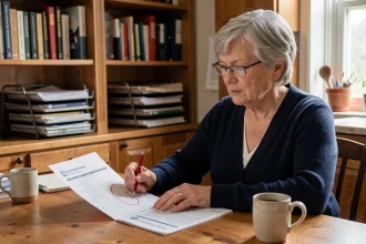 Femme de 55 ans consultant un calendrier et des documents de retraite à une table en bois chez elle