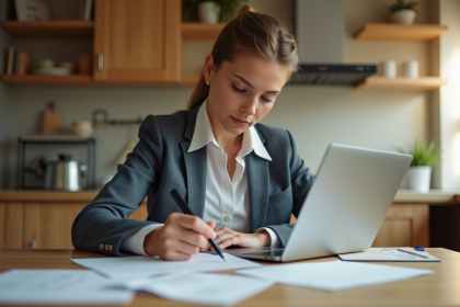 Femme en blazer préparant des papiers à la maison