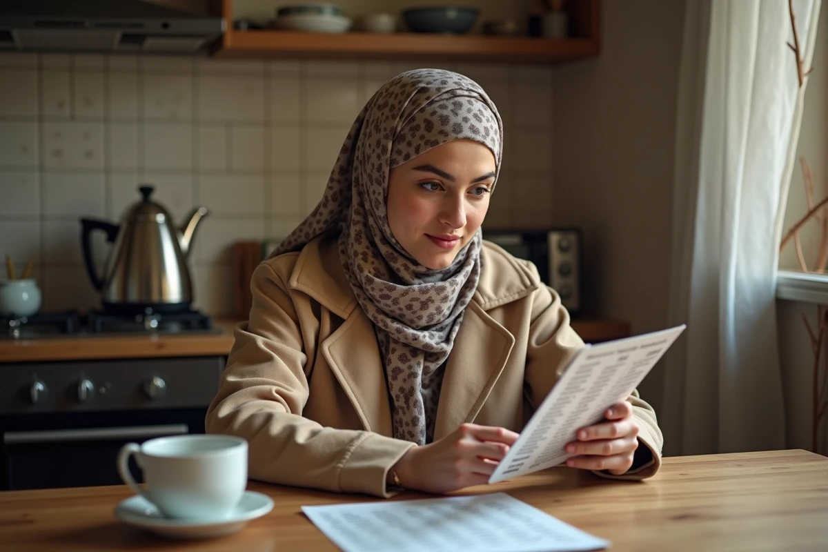 Jeune femme maghrebine comparant pri&egrave;re avec tablette dans la cuisine
