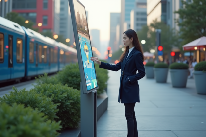 Jeune femme en ville avec réalité augmentée et tech