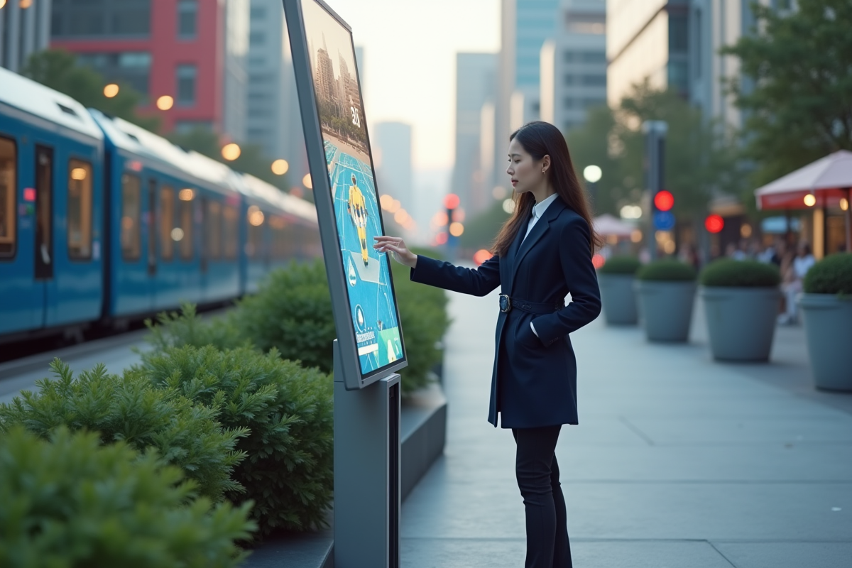 Jeune femme en ville avec réalité augmentée et tech