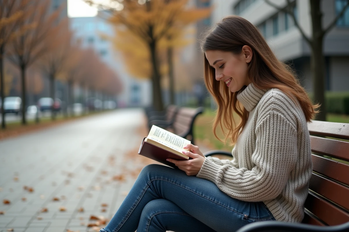 Femme pensante assise dans un parc automnal en pleine lecture