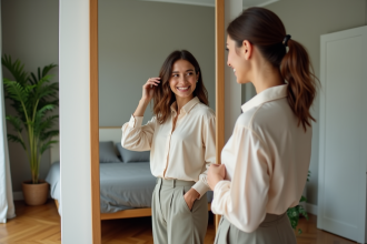 Femme souriante ajustant ses cheveux dans un miroir moderne