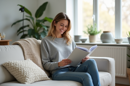 Jeune femme détendue dans un salon scandinave lumineux