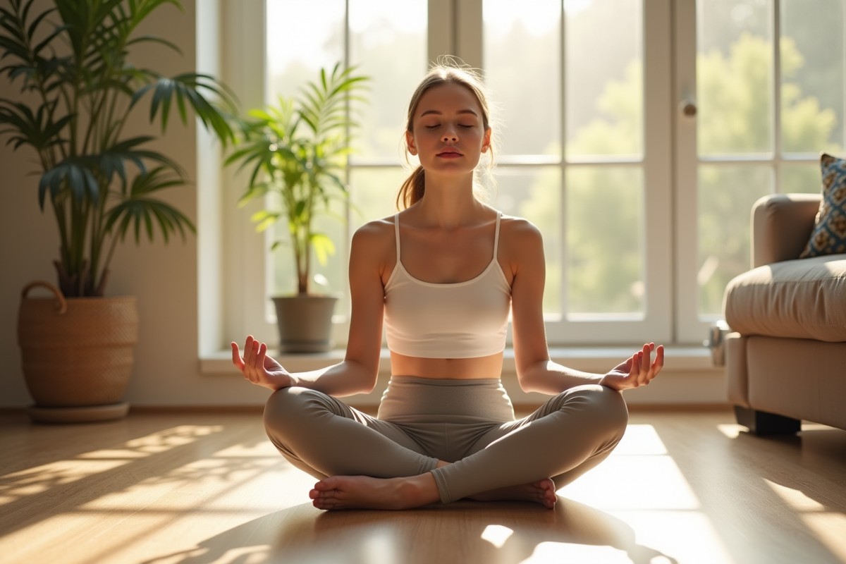 Jeune femme calme pratiquant la respiration profonde chez elle