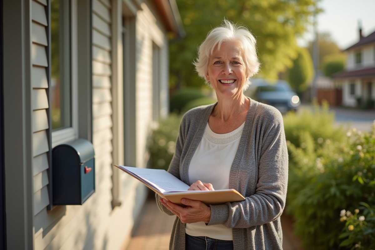 Femme retraitée souriante dehors devant sa maison