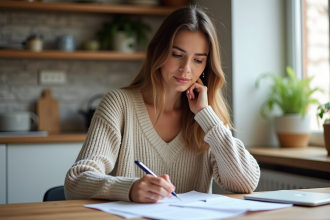 Femme dans sa cuisine examine ses relevés bancaires