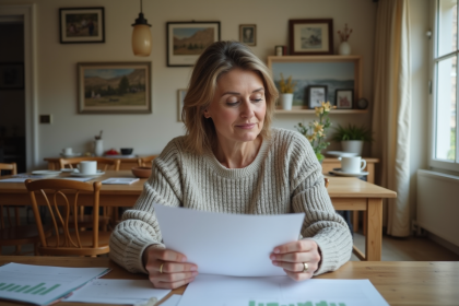 Femme d'&acirc;ge moyen examine des documents &agrave; la maison