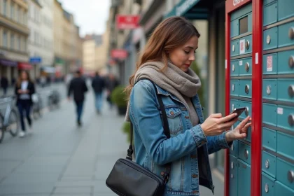 Femme scannant un QR code devant un casier Chronopost en ext&eacute;rieur