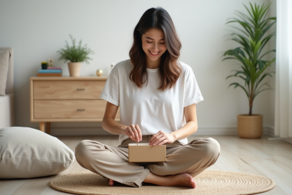 Femme assise en int&eacute;rieur calme et minimaliste