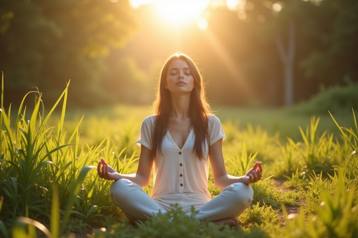 Jeune femme paisible en pleine nature en méditation