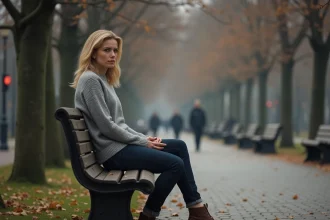 Femme seule assise sur un banc dans un parc en automne, regard perdu dans le vague, illustrant le sentiment de solitude et le manque
