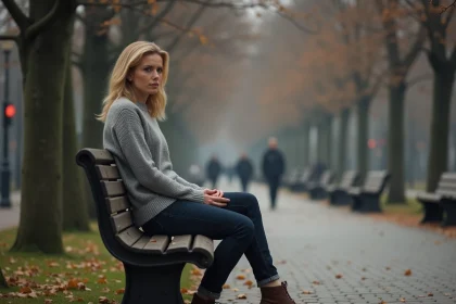 Femme seule assise sur un banc dans un parc en automne, regard perdu dans le vague, illustrant le sentiment de solitude et le manque