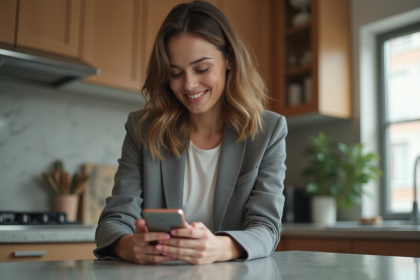 Jeune femme en blazer utilisant son smartphone dans la cuisine